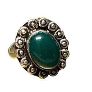 Sterling Silver Green Onyx Oval Ring Vintage Floral Boho Statement Jewelry